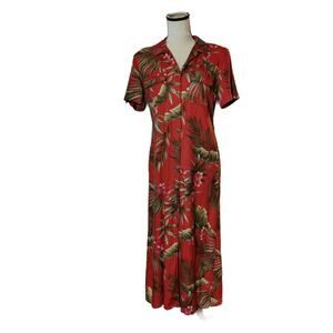 Bahama Beach Women's Sz M Red Button Up Hawaiian Maxi Dress Botanical Tropical